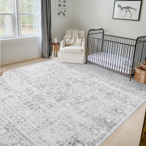 51kflcbx0rl.jpg LIVEBOX 8x10 Vintage Grey Boho Rug for Living Room and Bedroom, Non-Slip Retro Floral Design, Distressed Accent Carpet f