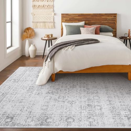 51kjmcs5iol.jpg LIVEBOX 8x10 Vintage Grey Boho Rug for Living Room and Bedroom, Non-Slip Retro Floral Design, Distressed Accent Carpet f
