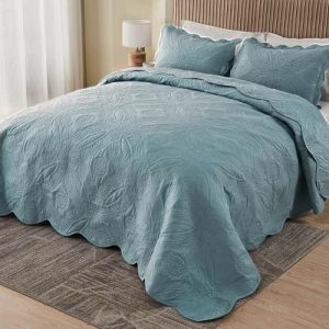 Kingnex Extra Wide Oversized King Bedspread for Tall King or Cal King Bed Blue Kingnex Ultrasonic Quilted 128x120 Over