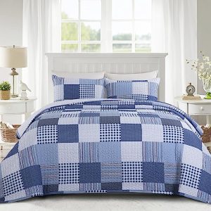 HOMBYS Oversized King Plaid Bedspread, Blue All Season Home Bedding Decor with 2 Pillow Shams HOMBYS 132x120 Alaska King