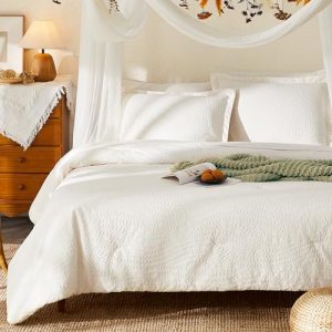 Geniospin Queen Comforter Set, Ivory White Seersucker Bedding
