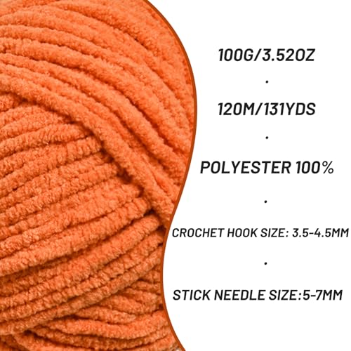 51mplcmfwul 1.jpg Plush Chenille Chunky Crochet Yarn for Soft Blankets and Crafts (Orange, 100g/131yd) | Velvet Yarns for Baby Crochet