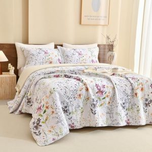 QSH 100% Cotton Floral Oversized King Bedspread Set Yellow Wild Flower Botanical Printed for Cozy Winter Nights | QS