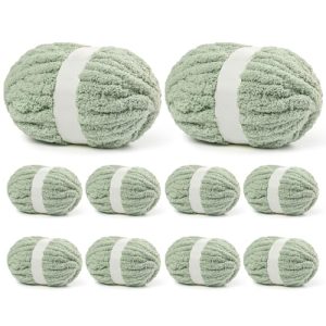 10 Skein Sage Green Chunky Chenille Yarn for Crocheting & Hand Knitting Blankets (24 yds/7.05 oz Each)