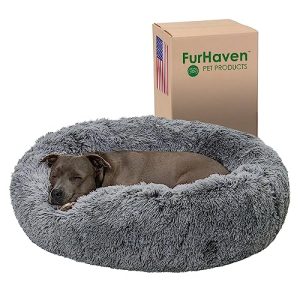 Furhaven Large 36" Round Calming Donut Bed for Large/Medium Dogs - Gray, Shaggy Plush Long Faux Fur Donut Bed - Refillab