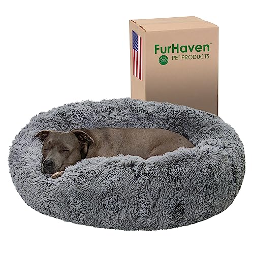 51osnmppw1l.jpg Furhaven Large 36" Round Calming Donut Bed for Large/Medium Dogs - Gray, Shaggy Plush Long Faux Fur Donut Bed - Refillab