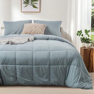 KASENTEX Grey Blue Queen Comforter Set, Fluffy Corduroy, 3 Pieces(down Alt), Cozy Bedding