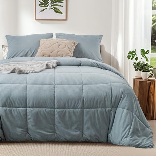 51pxzyy uil.jpg KASENTEX Grey Blue Queen Comforter Set, Fluffy Corduroy, 3 Pieces(down Alt), Cozy Bedding