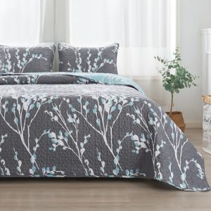 Andency Quilt California King Size Grey Blue Microfiber Reversible Flower Quilted Bedspread Coverlet with 2 Pillowcases