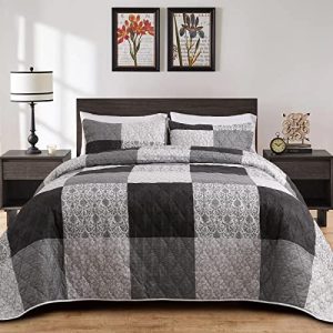 BALAPET Oversized Plaid Grey Black Bedspread & 2 Shams for King Bed