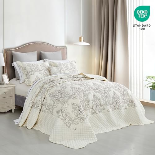 51ukj6aliwl.jpg CHIXIN Oversized King/Cal King Bedspread - Lightweight & Beautiful Stitching - Luxury Damask Paisley Pattern - 128x120 I
