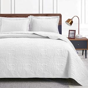 Love's cabin King Size Quilt Set - Modern Style Coin Pattern Bedspreads for All Seasons - Soft Lightweight Microfiber Wh