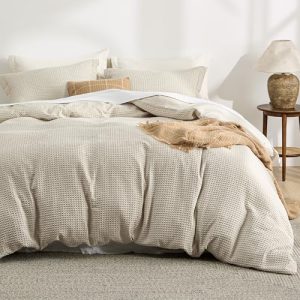 Bedsure Luxury Waffle Duvet Cover Queen Size - Soft, Breathable Bedding Set (90"x90") for All Season, Linen, Comforter N