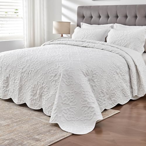 51wvisphnfl 1.jpg Extra Wide Oversized King Bedspreads for Tall King and California King Beds in White | Lightweight 3 Piece Quilted C