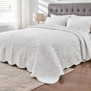 White Oversized King Bedspreads for Tall King Bed | Extra Wide Quilt Set for California King Bed | Lightweight 3 Pi