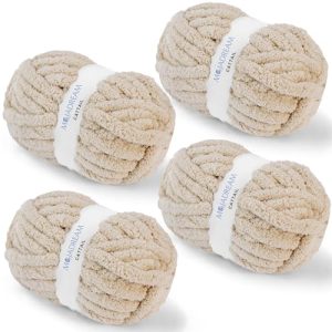 chunky chenille yarn for crocheting and knitting, fluffy beige skein pack