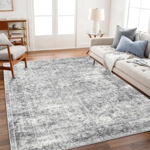 Washable Area Rug Gray Vintage Traditional Bedroom Living Room Kitchen Bathroom Foldable Thin Non Slip Carpet Mat Distre