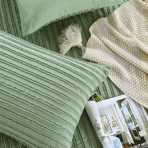 51bdpzl5lkl 1.jpg HOMBYS Oversized King Boho Comforter Set for King Bed | HOMBYS Sage Green Tufted Jacquard Geometry Bedding with 2 Pi
