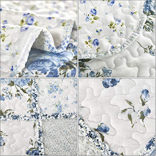 51bchtbbk2l.jpg Extra Wide Super King Size Floral Plaid Quilt Set for Comfortable Bedding | Blue Oversized King Size Reversible Quil