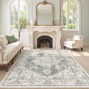 LIVEBOX Washable 8x10 Vintage Tribal Area Rug for Living Room and Bedroom - Non-Slip Retro Medallion Print - Sage