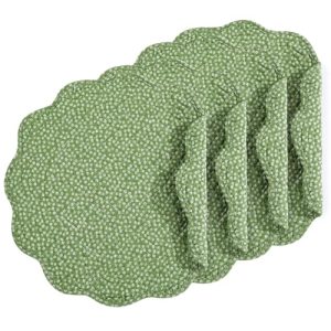 HOMBYS Quilted Placemats Set for Kitchen Table OEKO-TEX Certified 100% Cotton Green with White Flower Round Washable Pla