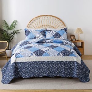 HoneiLife California King Quilt Blue All Season Use Extra Large Bedding Sets | HoneiLife Rustic King Size Reversible