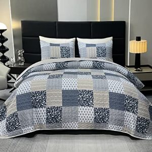 Oversized Navy Blue Gray 3 Piece Quilt Set, Reversible Microfiber Bedspread Coverlet