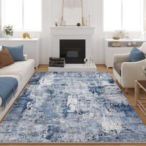 Boho Rug Washable Large Area Rug Non-Slip Non-Shedding Faux Wool for Living Room, Farmhouse, Blue Boho Rug Washable Soft