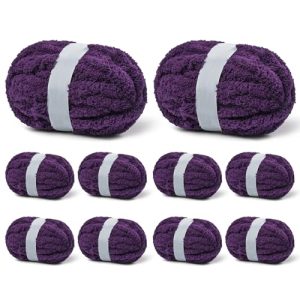 (10 Skein) Super Jumbo Bulky Deep Purple Fluffy Chenille Yarn for Crocheting and Hand Knitting Blankets | Big Soft T