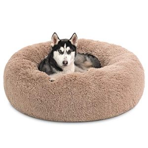 Bedsure Calming Dog Bed for Large Dogs - Anti-Slip Large Pet Bed, Faux Fur Camel Fit up to 100 lbs Pets, Donut Washable