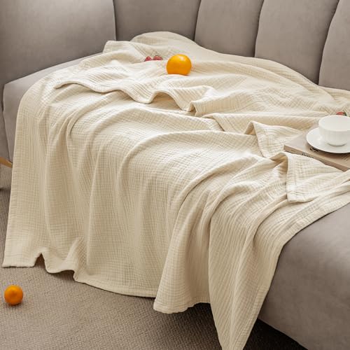 51igtsizvol.jpg PHF 100% Cotton Muslin Blanket for Bed, Queen Size 90" x 90" - Luxuriously Soft, Lightweight and Breathable, Beige/Birch