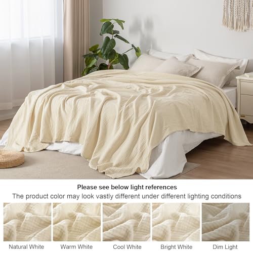 51ngr9pyebl.jpg PHF 100% Cotton Muslin Blanket for Bed, Queen Size 90" x 90" - Luxuriously Soft, Lightweight and Breathable, Beige/Birch