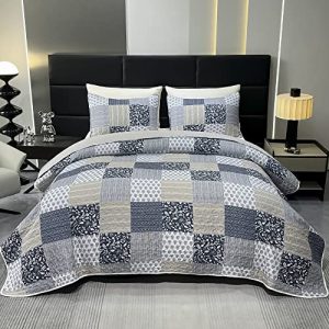 Oversized Grey Plaid King Size Quilt Set 3-Piece Reversible