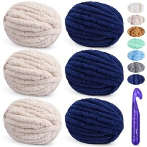 3 Pack Beige & Navy Blue Thick Chunky Chenille Yarn for Crocheting & Arm Knit