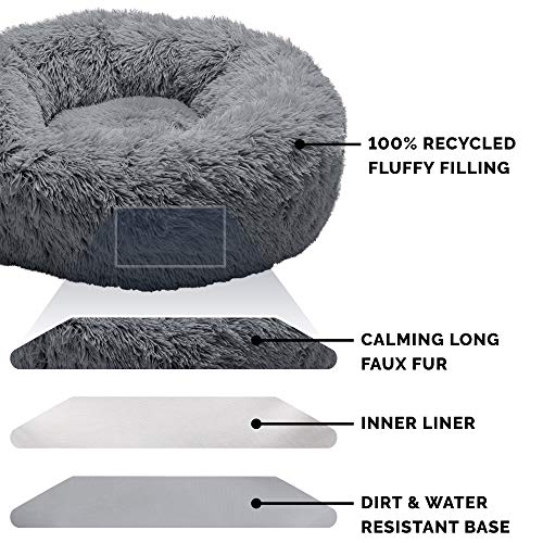 51p2tzjn40l.jpg Furhaven Large 36" Round Calming Donut Bed for Large/Medium Dogs - Gray, Shaggy Plush Long Faux Fur Donut Bed - Refillab