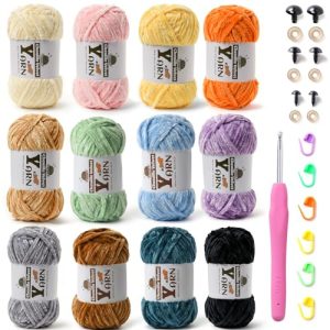 12 Pack Multicolor Fluffy Chunky Chenille Yarn for Crocheting Soft Amigurumi Yarn Set B | Fuzzy Velvet 12 Pack Multi