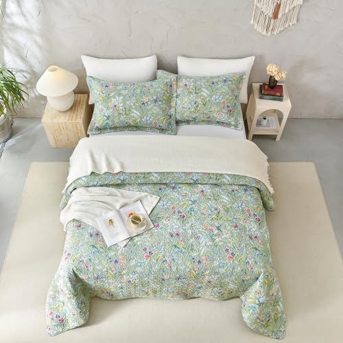 51seh7srczl.jpg QSH Green Floral Quilt Oversized King Bedding Set for Couple | 100% Cotton Extra Wide Green Floral Quilt Coverlet Ki