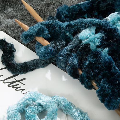 51uz e74fll.jpg HOMBYS Thick Soft Velvet Yarn for Knitting and Crocheting, Fluffy Plush Tie Dye Blue Pack of 8, Big Yarn for Chunky B