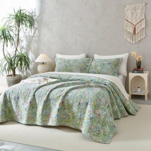 QSH Green Floral Quilt Oversized King Bedding Set for Couple | 100% Cotton Extra Wide Green Floral Quilt Coverlet Ki