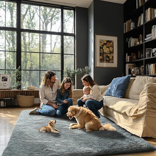 51xinge l.jpg Modern Fluffy Shag Rugs for Living Room Non Slip Teens Dorm Light Grey Floor Carpets(5 x 8) Fluffy Grey Shaggy Rugs fo