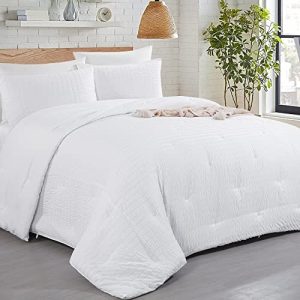 HOMBYS Ultra Soft White Seersucker Comforter Set for Home, 128x120 Lightweight Microfiber Down Alternative 3 Piece Se