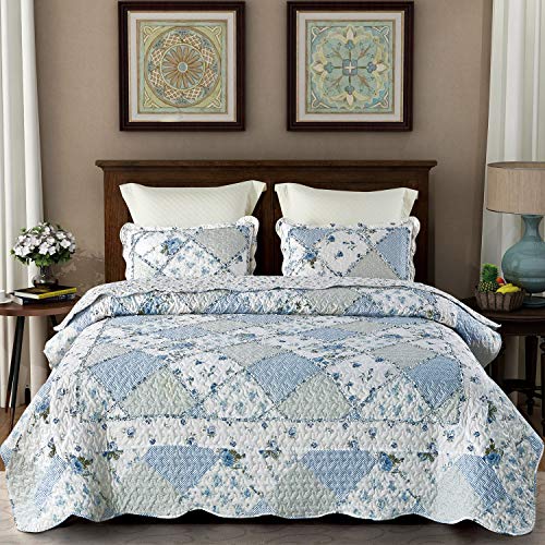 616wxquiil.jpg Extra Wide Super King Size Floral Plaid Quilt Set for Comfortable Bedding | Blue Oversized King Size Reversible Quil