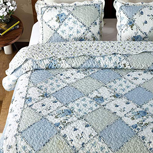 61lt8sce76l.jpg Extra Wide Super King Size Floral Plaid Quilt Set for Comfortable Bedding | Blue Oversized King Size Reversible Quil