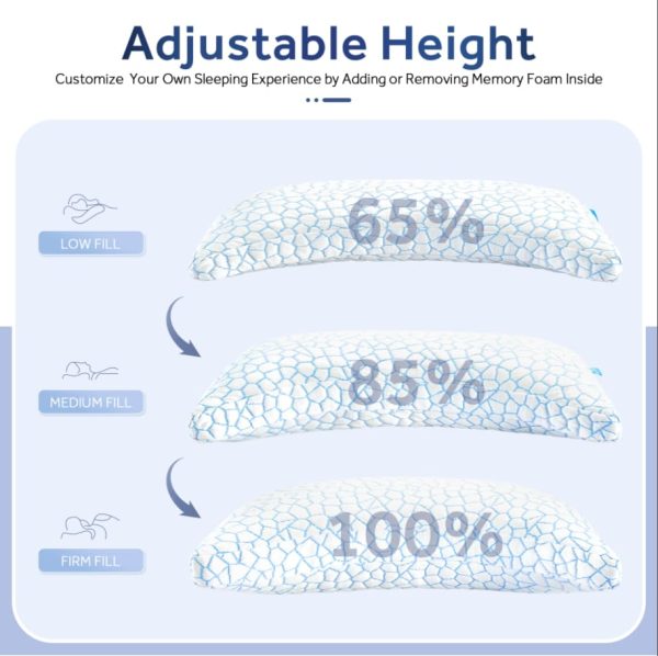 Cooling Side Sleeper Pillow for Neck and Shoulder Pain Relief White Queen Size with Additional Foam FillIncluded Adjusta