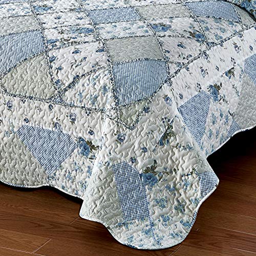 61slv3fzfkl.jpg Extra Wide Super King Size Floral Plaid Quilt Set for Comfortable Bedding | Blue Oversized King Size Reversible Quil