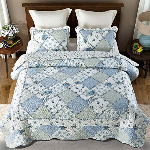 61muhwmizml.jpg Extra Wide Super King Size Floral Plaid Quilt Set for Comfortable Bedding | Blue Oversized King Size Reversible Quil