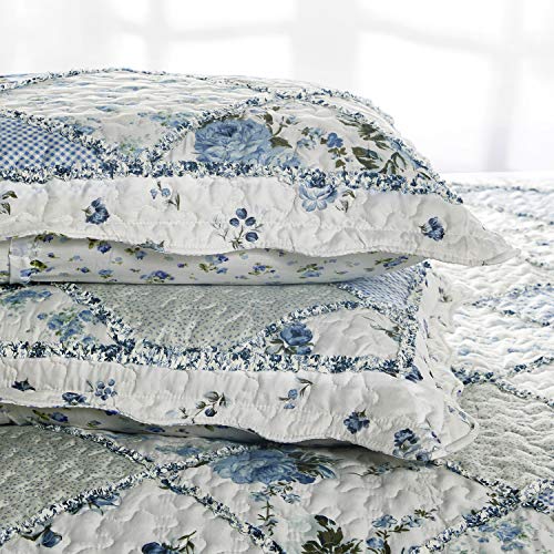 61rk z8xa7l.jpg Extra Wide Super King Size Floral Plaid Quilt Set for Comfortable Bedding | Blue Oversized King Size Reversible Quil